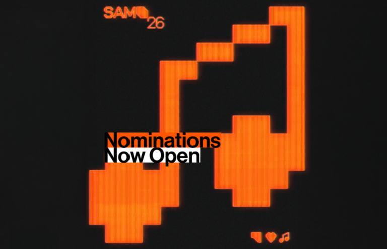 SA Music Awards 2026 promotional graphic featuring a pixelated orange music note logo with text reading "Nominations Now Open."